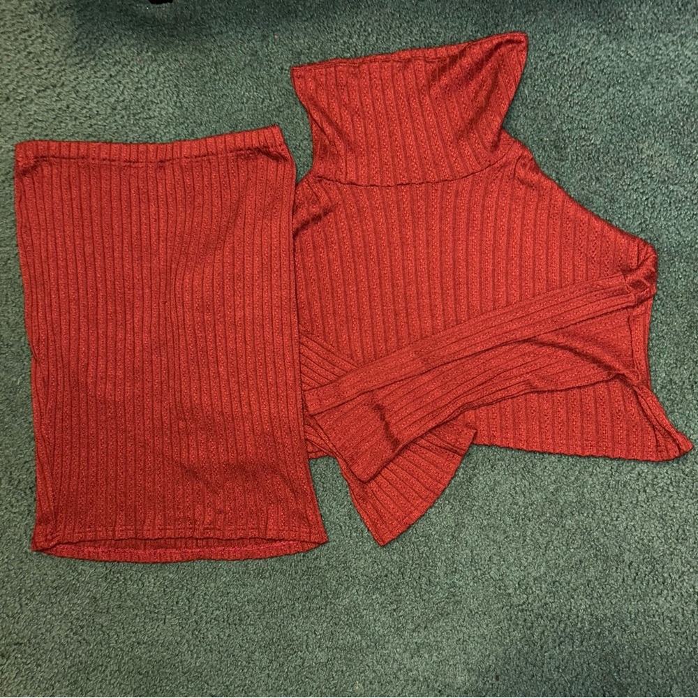 SHEIN Deep Red Ribbed Knit Top and Skirt Set